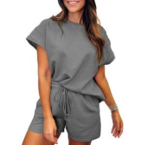 imageSHEWIN Womens 2 Piece Outfits Lounge Sets Casual Short Sleeve Shirts Shorts Cozy Pajamas Sweatsuit SetB Medium Grey