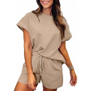 imageSHEWIN Womens 2 Piece Outfits Lounge Sets Casual Short Sleeve Shirts Shorts Cozy Pajamas Sweatsuit SetB Pale Khaki