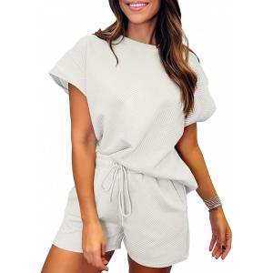 imageSHEWIN Womens 2 Piece Outfits Lounge Sets Casual Short Sleeve Shirts Shorts Cozy Pajamas Sweatsuit SetB White