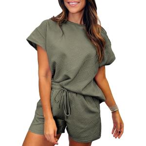 imageSHEWIN Womens 2 Piece Outfits Lounge Sets Casual Short Sleeve Shirts Shorts Cozy Pajamas Sweatsuit SetC Army Green