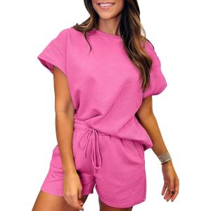 imageSHEWIN Womens 2 Piece Outfits Lounge Sets Casual Short Sleeve Shirts Shorts Cozy Pajamas Sweatsuit SetC Pink