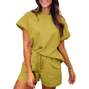 imageSHEWIN Womens 2 Piece Outfits Lounge Sets Casual Short Sleeve Shirts Shorts Cozy Pajamas Sweatsuit SetC Yellow