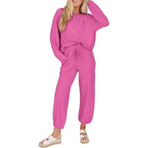 imageSHEWIN Womens 2 Piece Outfits Waffle Knit Lounge Sets Casual Long Sleeve Pullover Drawstring Jogger Pants Tracksuit SetBright Pink