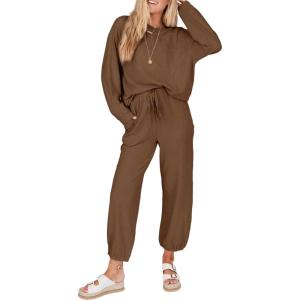 imageSHEWIN Womens 2 Piece Outfits Waffle Knit Lounge Sets Casual Long Sleeve Pullover Drawstring Jogger Pants Tracksuit SetBrown