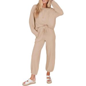 imageSHEWIN Womens 2 Piece Outfits Waffle Knit Lounge Sets Casual Long Sleeve Pullover Drawstring Jogger Pants Tracksuit SetKhaki