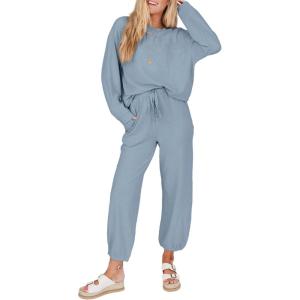 imageSHEWIN Womens 2 Piece Outfits Waffle Knit Lounge Sets Casual Long Sleeve Pullover Drawstring Jogger Pants Tracksuit SetLight Blue