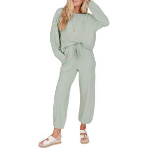 imageSHEWIN Womens 2 Piece Outfits Waffle Knit Lounge Sets Casual Long Sleeve Pullover Drawstring Jogger Pants Tracksuit SetLight Green