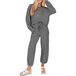 imageSHEWIN Womens 2 Piece Outfits Waffle Knit Lounge Sets Casual Long Sleeve Pullover Drawstring Jogger Pants Tracksuit SetLight Grey