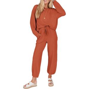 imageSHEWIN Womens 2 Piece Outfits Waffle Knit Lounge Sets Casual Long Sleeve Pullover Drawstring Jogger Pants Tracksuit SetOrange