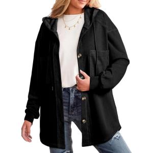 imageSHEWIN Womens Shacket Casual Fall Jackets Hooded Loose Long Sleeve Tops Button Down CoatBlack