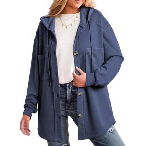 imageSHEWIN Womens Shacket Casual Fall Jackets Hooded Loose Long Sleeve Tops Button Down CoatBlue