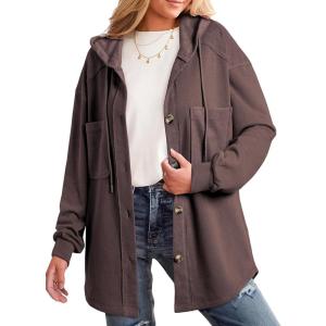 imageSHEWIN Womens Shacket Casual Fall Jackets Hooded Loose Long Sleeve Tops Button Down CoatChestnut