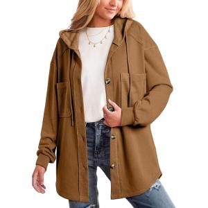 imageSHEWIN Womens Shacket Casual Fall Jackets Hooded Loose Long Sleeve Tops Button Down CoatCinnamon