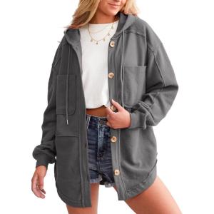 imageSHEWIN Womens Shacket Casual Fall Jackets Hooded Loose Long Sleeve Tops Button Down CoatDark Grey