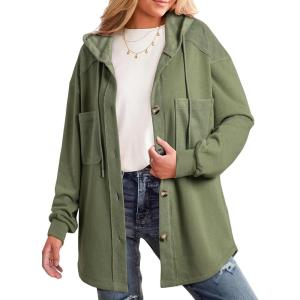 imageSHEWIN Womens Shacket Casual Fall Jackets Hooded Loose Long Sleeve Tops Button Down CoatGreen