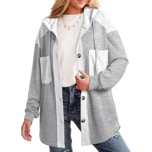 imageSHEWIN Womens Shacket Casual Fall Jackets Hooded Loose Long Sleeve Tops Button Down CoatGrey