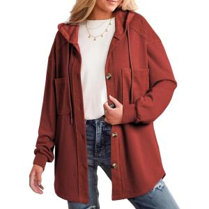 imageSHEWIN Womens Shacket Casual Fall Jackets Hooded Loose Long Sleeve Tops Button Down CoatRed