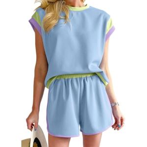 imageSHEWIN Womens Two Piece Lounge Sets Casual Short Sleeve Pullover Tops Matching Shorts Loungewear Tracksuit SetB Sky Blue