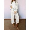 imageSHEWIN Womens 2 Piece Outfits Sweatsuit Casual Long Sleeve Pullover Tops and Drawstring Wide Leg Pants Lounge SetsB White