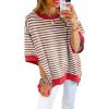imageSHEWIN Womens Tops Casual Short Sleeve Sweatshirt Striped Shirt Crewneck Pullover T Shirts Loose BlousesBrown Stripe