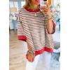 imageSHEWIN Womens Tops Casual Short Sleeve Sweatshirt Striped Shirt Crewneck Pullover T Shirts Loose BlousesBrown Stripe