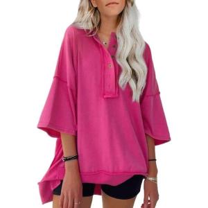 imageSHEWIN Loose Casual Henley V Neck Oversized TShirts for Women Short Sleeve Oversized Sweatshirt for Women A Rose Red Medium