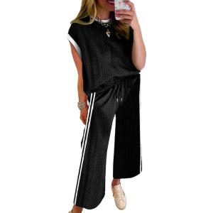 imageSHEWIN Womens 2 Piece Lounge Sets Casual Cap Sleeve Pullover Tops and Drawstring Wide Leg Pants Tracksuit SetsBlack
