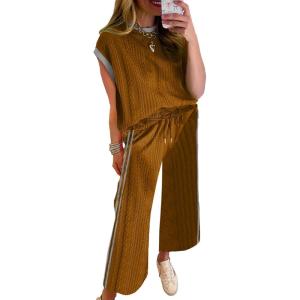 imageSHEWIN Womens 2 Piece Lounge Sets Casual Cap Sleeve Pullover Tops and Drawstring Wide Leg Pants Tracksuit SetsBrown