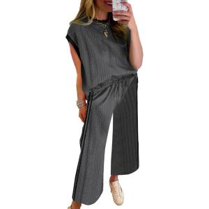 imageSHEWIN Womens 2 Piece Lounge Sets Casual Cap Sleeve Pullover Tops and Drawstring Wide Leg Pants Tracksuit SetsDark Grey