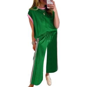 imageSHEWIN Womens 2 Piece Lounge Sets Casual Cap Sleeve Pullover Tops and Drawstring Wide Leg Pants Tracksuit SetsGreen