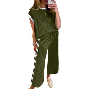 imageSHEWIN Womens 2 Piece Lounge Sets Casual Cap Sleeve Pullover Tops and Drawstring Wide Leg Pants Tracksuit SetsMoss Green