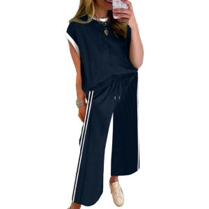 imageSHEWIN Womens 2 Piece Lounge Sets Casual Cap Sleeve Pullover Tops and Drawstring Wide Leg Pants Tracksuit SetsNavy Blue
