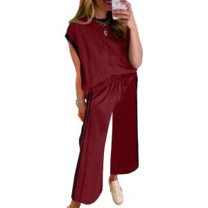 imageSHEWIN Womens 2 Piece Lounge Sets Casual Cap Sleeve Pullover Tops and Drawstring Wide Leg Pants Tracksuit SetsRed