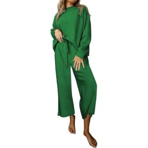 imageSHEWIN Womens 2 Piece Outfits Sweatsuit Casual Long Sleeve Pullover Tops and Drawstring Wide Leg Pants Lounge SetsB Dark Green
