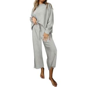 imageSHEWIN Womens 2 Piece Outfits Sweatsuit Casual Long Sleeve Pullover Tops and Drawstring Wide Leg Pants Lounge SetsB Grey
