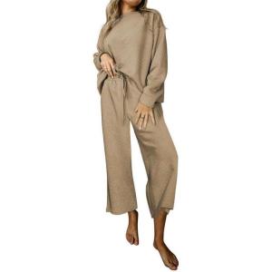 imageSHEWIN Womens 2 Piece Outfits Sweatsuit Casual Long Sleeve Pullover Tops and Drawstring Wide Leg Pants Lounge SetsB Khaki