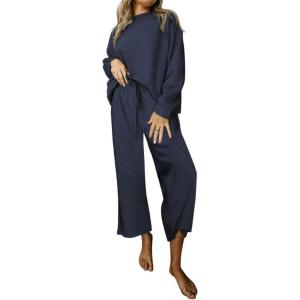 imageSHEWIN Womens 2 Piece Outfits Sweatsuit Casual Long Sleeve Pullover Tops and Drawstring Wide Leg Pants Lounge SetsB Navy Blue