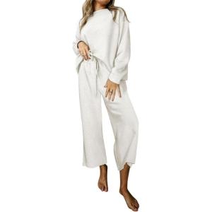 imageSHEWIN Womens 2 Piece Outfits Sweatsuit Casual Long Sleeve Pullover Tops and Drawstring Wide Leg Pants Lounge SetsB White