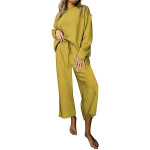 imageSHEWIN Womens 2 Piece Outfits Sweatsuit Casual Long Sleeve Pullover Tops and Drawstring Wide Leg Pants Lounge SetsB Yellow