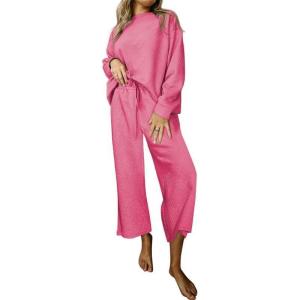 imageSHEWIN Womens 2 Piece Outfits Sweatsuit Casual Long Sleeve Pullover Tops and Drawstring Wide Leg Pants Lounge SetsC Hot Pink