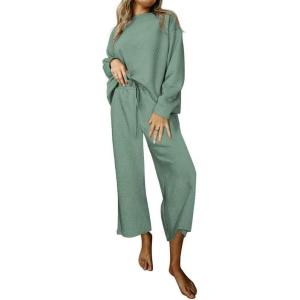 imageSHEWIN Womens 2 Piece Outfits Sweatsuit Casual Long Sleeve Pullover Tops and Drawstring Wide Leg Pants Lounge SetsC Light Green