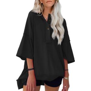 imageSHEWIN Womens Fashion Oversized T Shirts Casual Short Sleeve Reverse Seam Sweatshirt Button Down Summer Tops TeesA Black