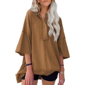 imageSHEWIN Womens Fashion Oversized T Shirts Casual Short Sleeve Reverse Seam Sweatshirt Button Down Summer Tops TeesA Chestnut