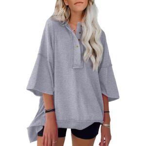 imageSHEWIN Womens Fashion Oversized T Shirts Casual Short Sleeve Reverse Seam Sweatshirt Button Down Summer Tops TeesA Gray