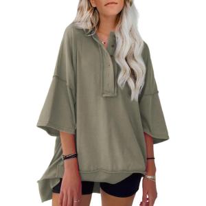 imageSHEWIN Womens Fashion Oversized T Shirts Casual Short Sleeve Reverse Seam Sweatshirt Button Down Summer Tops TeesA Jungle Green