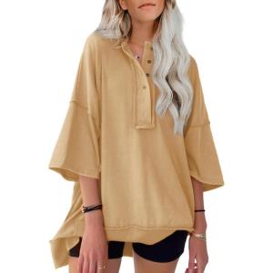 imageSHEWIN Womens Fashion Oversized T Shirts Casual Short Sleeve Reverse Seam Sweatshirt Button Down Summer Tops TeesA Khaki
