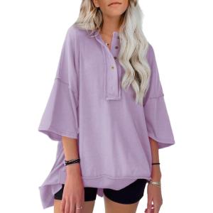 imageSHEWIN Womens Fashion Oversized T Shirts Casual Short Sleeve Reverse Seam Sweatshirt Button Down Summer Tops TeesA Orchid Purple