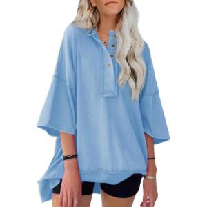 imageSHEWIN Womens Fashion Oversized T Shirts Casual Short Sleeve Reverse Seam Sweatshirt Button Down Summer Tops TeesA Sky Blue