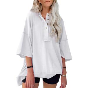 imageSHEWIN Womens Fashion Oversized T Shirts Casual Short Sleeve Reverse Seam Sweatshirt Button Down Summer Tops TeesA White