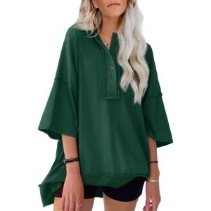 imageSHEWIN Womens Fashion Oversized T Shirts Casual Short Sleeve Reverse Seam Sweatshirt Button Down Summer Tops TeesB Dark Green
